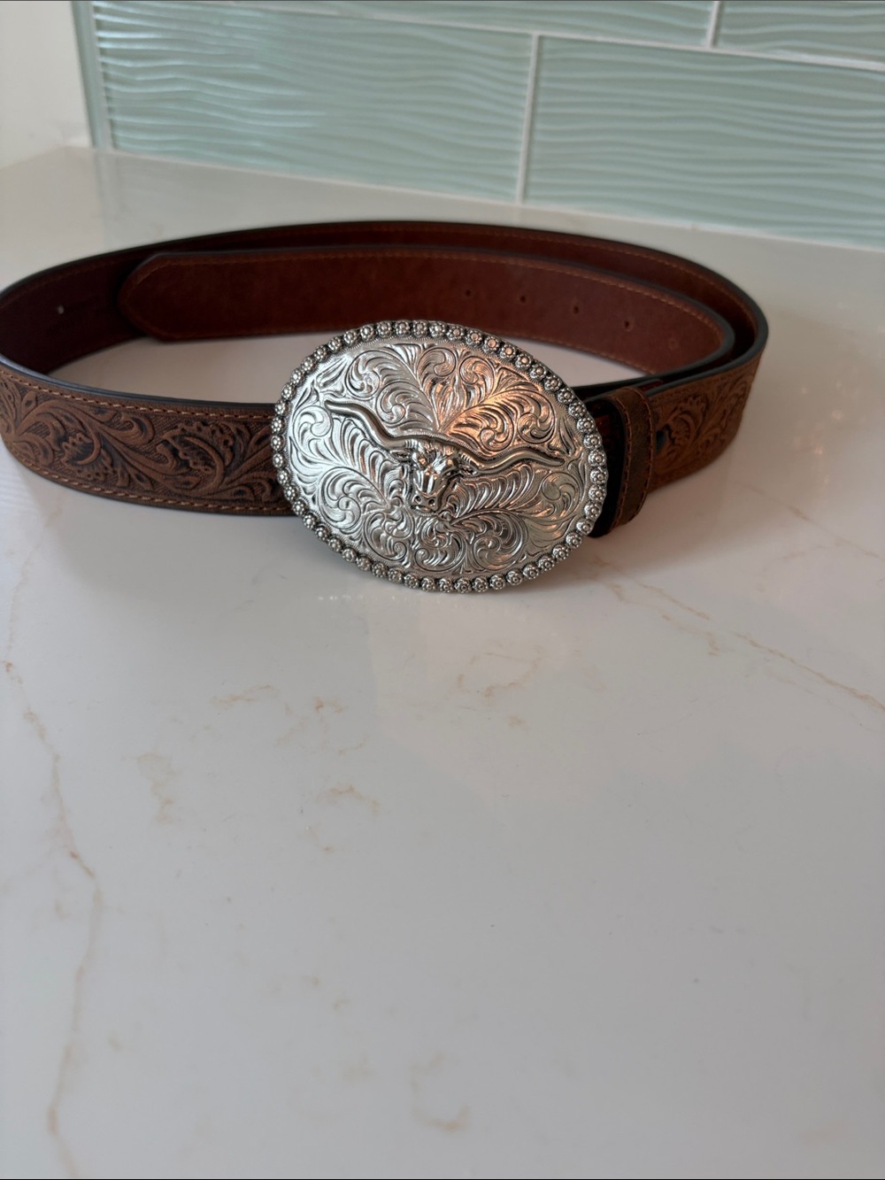 Men's Brown Tooled Leather Western Belt with Silver Oval Buckle